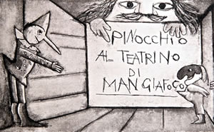 Mostra di Emanuele Luzzati  - Pinocchio al Teatrino di Mangiafoco (dettaglio).